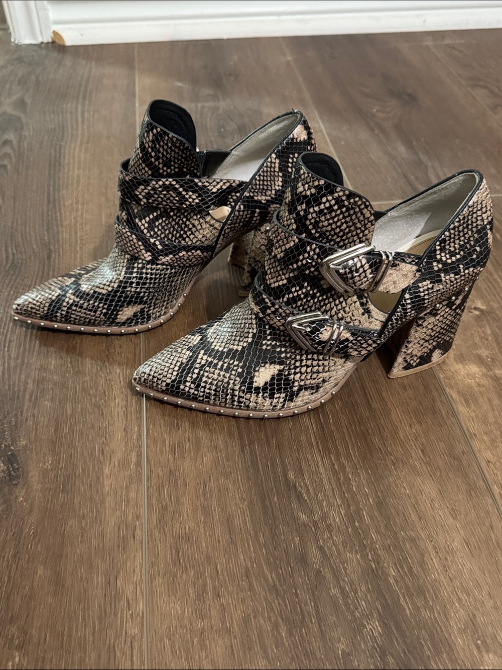 Snake-Print Buckle Ankle Boots in Beige and Black